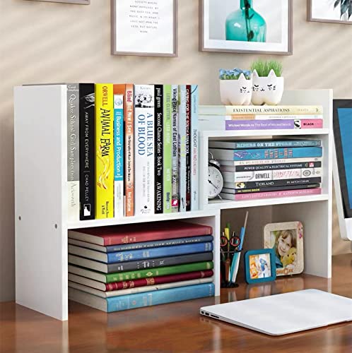 Aleiodvn Expandable Wood Desktop Bookshelf,Desktop Organizer Office Storage Rack,Free Style Rotation Display Shelf,Adjustable Desk Hutch Corner Desk Storage Shelf,Desk Top Shelfing,Home Decor(White)