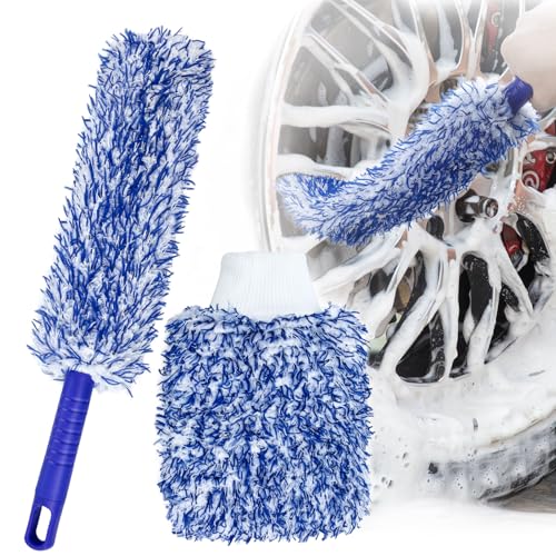 AdrreyuFny Spazzola Cerchi Auto e Guanto Lavaggio Auto, Flessibile Microfibra Spazzola Ruote Kit per Pulizia Profonda per Tutti i Tipi di Cerchioni Senza Graffi e Non Danneggia Vernice - Blu