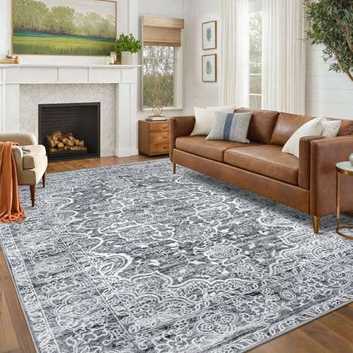 KUTA Living Room Rug 6x9 Grey White, Vintage Washable Large Area Rugs 6ft x 9ft, Non-Slip Boho Printed Dining Room Carpet, Indoor Low-Pile Cozy Room Throw for Office Bedroom