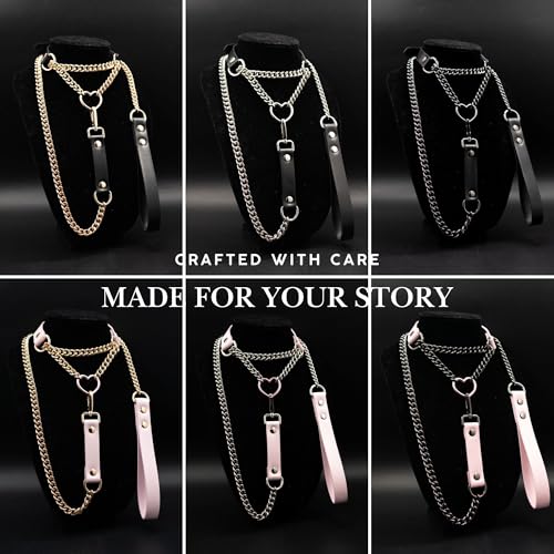 Heart O-ring Leather Choker Necklace For Women, Punk Gothic Black/Pink Slip Chain Necklace with Vegan Leather Swivel Clasp4