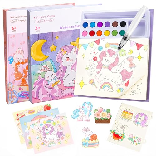 HGRGHH 2Pcs Libro da Colorare con Acqua per Bambini, Unicorno Set di pittura ad Acquerello con 12 Colori & Pennelli, Attività Artistiche, Giochi Creative, Giocattolo Educativo per Ragazzi/Ragazze 3+