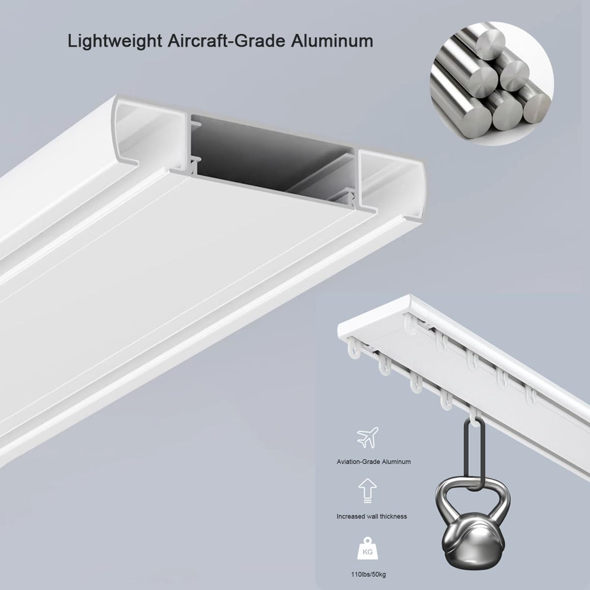 Heavy-Du - Sistema a binario per montaggio a soffitto a 2 canali, in alluminio, 1-6 m, silenzioso, per ospedali e uffici, liscio, bianco, lunghezza 2,5 m, senza sforzo