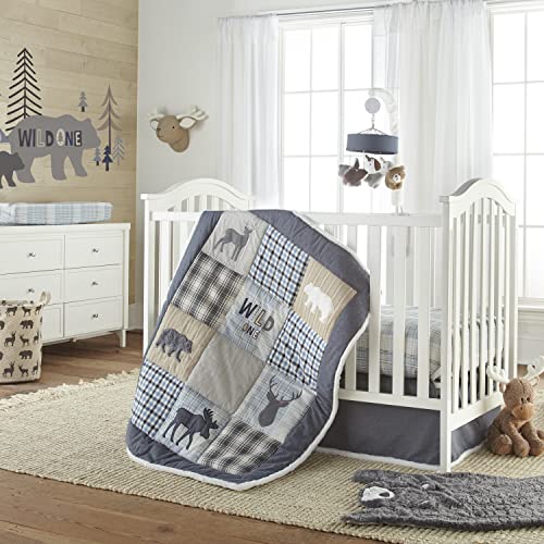Image of Levtex Baby - Logan Crib Bed Set - Baby Nursery Set - Navy Grey White Blue Taupe Blue - Deers, Bears and Moose - 4 Piece Set Includes Quilt, Fitted Sheet, Wall Decal & Skirt/Dust Ruffle
