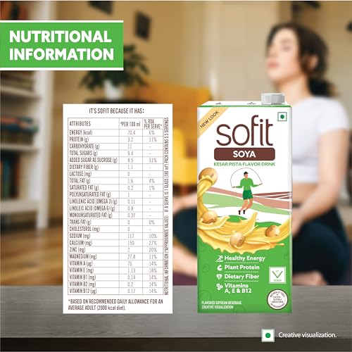 Image of Sofit SOYA Drink Kesar Pista, 1000ml| Vegan Drink |Enriched with Plant Protein, Dietary fibers, Vitamins and Calcium | Lactose Free | Gluten Free | Preservatives Free