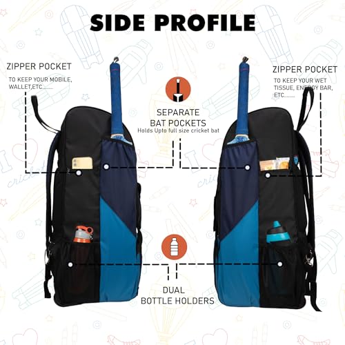 Image of WHACKK Gayle Backpack Duffle Trolley Wheelie Cricket Kit Bag Adult Size 2 Bat Pocket Shoe /Helmet Pkt Main Compartment 18 inch Leg Pad 2 Bottle Holder Player Edition (Aqua Blue)