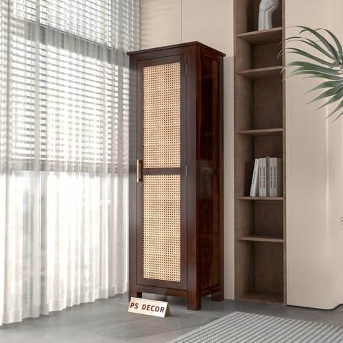 Image of PS DECOR Solid Sheesham Wood Kitchen Pantry Cabinet with Cane Rattan Door | Modern Wooden Storage Cabinet for Kitchen, Dining Room & Home Organization | Tall Utility Cupboard (Walnut Finish)