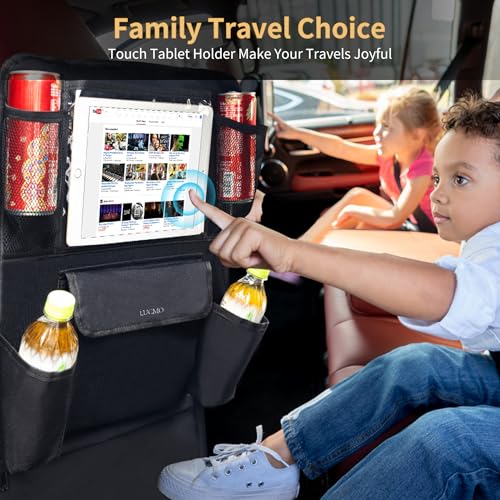 Image of LUCMO Car Backseat Organizer with Touch Screen Tablet Holder, Black | 9 Storage Pockets,Clear Tablet Holder,Protectors Kick Mats,Travel Accessories,Seat Cover,Road Trip Essentials
