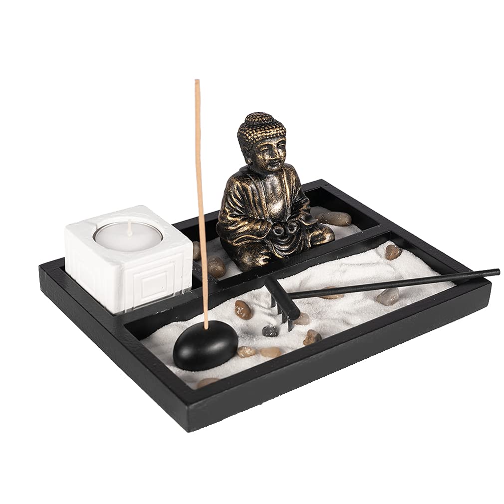 lachineuse - Zen Buddha Garden - Asian Candle Holder - Zen Decoration - Garden with Sand - Asian Atmosphere - for Indoor Home Office Meditation - Japan Gift Idea - Asian Decoration