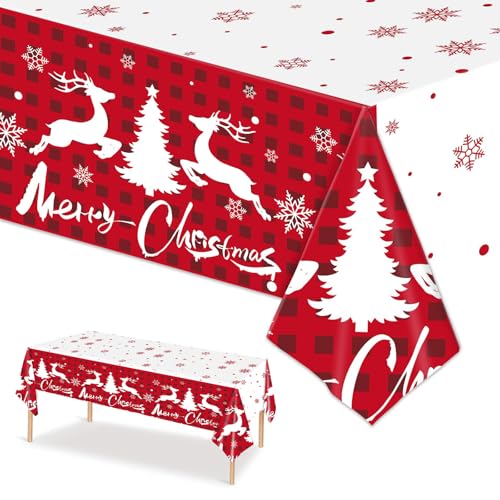 Winter Christmas Tablecloths - 2-Pack, Winter Themed with Reindeer and Snowflakes, Disposable Plastic Tablecloths 54" x 108", Ideal for Indoor and Outdoor Christmas Party Decorations
