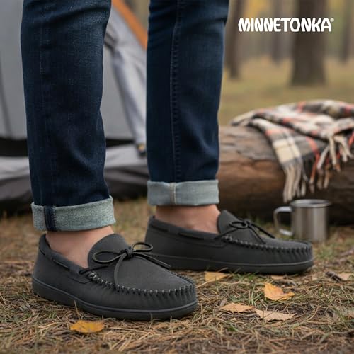 Image of Minnetonka Plaid Lined Hardsole - Moccasin Slippers for Men Made with Suede Upper, Rubber Sole, Plush Interior, Fleece Lining, Rawhide Lace, and Traditional Moccasin Design
