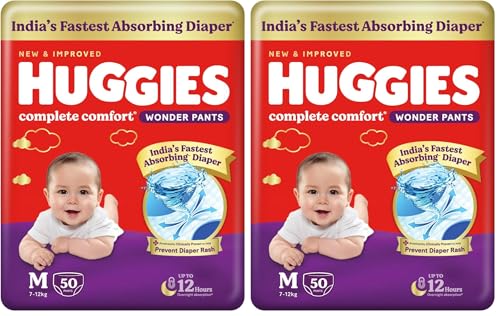 Image of Huggies Complete Comfort Wonder Pants | Pant Style Baby Diapers M Size, 50 Count | India's Fastest Absorbing Diaper, Patented Dry Xpert Channel, Ideal for 7 to 12 Kgs (Pack of 2)