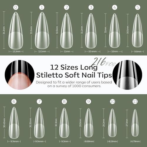 Image of Modelones Long Stiletto Nail Tips Pre-shaped Soft Gel Fake Nails False Full | Acrylic Clear Full Cover Press on Extension Kit Gel Manicure DIY at Home 216PCS 12Sizes