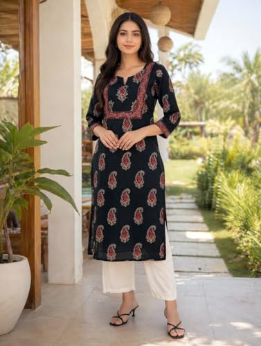 Image of Rajnandini Women's Pure Cotton Jaipuri Printed Kurti (JOPLJPR163-P Black P)