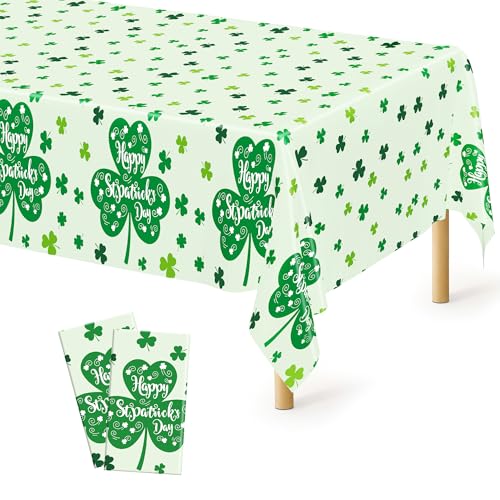 Image of QZYL 2 Pcs St Patricks Day Decorations, 108 inch X 54 inch Shamrock Decorations, Plastic Happy St. Patrick's Day Tablecloth, Shamrock Tablecovers, Disposable Rectangle Irish Green Table Cloth for Lucky Party