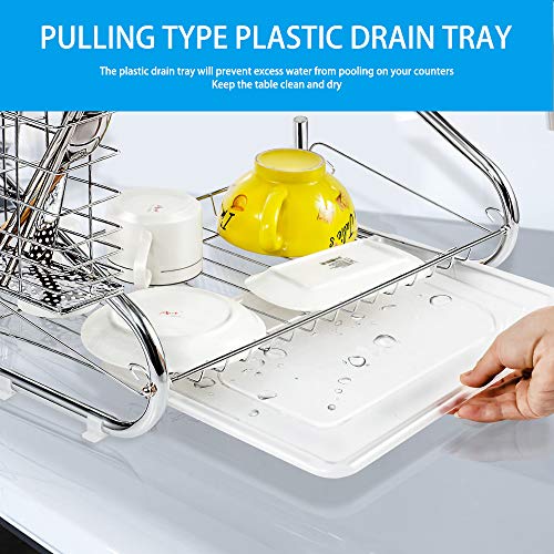 2-Tier Dish Drying Rack Chrome Plated with Drain Board Dish Drying Rack Storage Organizer with Utensil Cutlery Holder Cleaning Cloth for Kitchen Countertop - Thumbnail 2