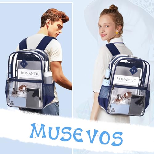 Image of MUSEVOS Clear Backpack, Heavy Duty See Through Book Bag for Work, Security, Concerts, College Transparent PVC bookback Stadium Approved, Navy Blue