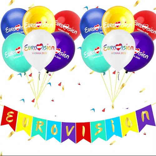 Flankor Eurovision Party Decorations 2026 Eurovision 2026 Eurovision Song Contest Decorations with 16 Pcs Balloons & 1Pc Banner Flag Eurovision Party Supplies for Garden Bar Restaurant