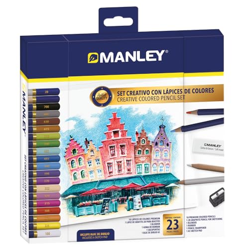 Manley Set Creativo Con Matite Colorate 23 Pezzi | Artist Quality | Include 18 Matite Colorate Premium, 1 Matita In Grafite 2B, 1 Blender, 1 Gomma Da 