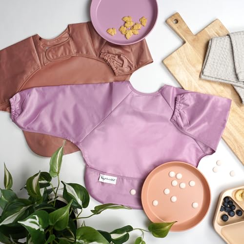 Image of Tiny Twinkle Long Sleeve Bib for Babies & Toddlers | 2-Pack Waterproof Smock Bib for Eating | Machine Washable & Mess-Proof Feeding Essentials | Newborn Shower Gift (Taupe Lilac,6-24M)