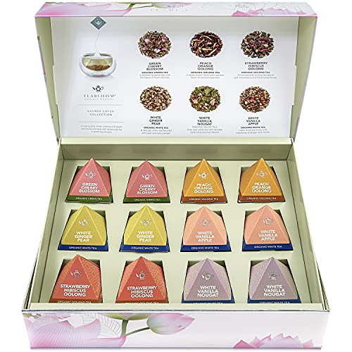 Teabloom Organic Sacred Lotus Pyramid Tea Presentation Box, 12 Assorted Usda Certified Organic Whole-Leaf Pyramid Tea Sachets, Green Tea, Oolong Tea, White Tea thumb #1