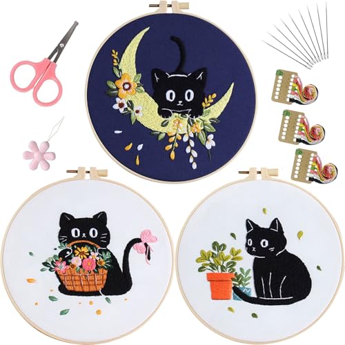 Image of EOBTAIN 3 Pcs Black Cat Embroidery Kit for Beginners, Animal with Floral Embroidery Kits for Adults,Flower Embroidery Starter Kit with Pattern,Hoop,Thread,Needles,Hand DIY Craft Kits for Adults