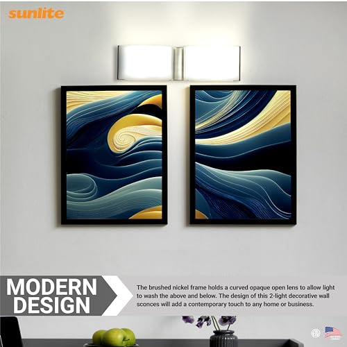 Image of Sunlite 82112 LED Decorative Vanity Light Fixture, 20 Watts, 1300 Lumens, Color Selectable 30K /40K /50K, 2 Lights, Dimmable, 90 CRI, ETL Listed, Brushed Nickel, for Bathroom, Powder Rooms, and Hotels