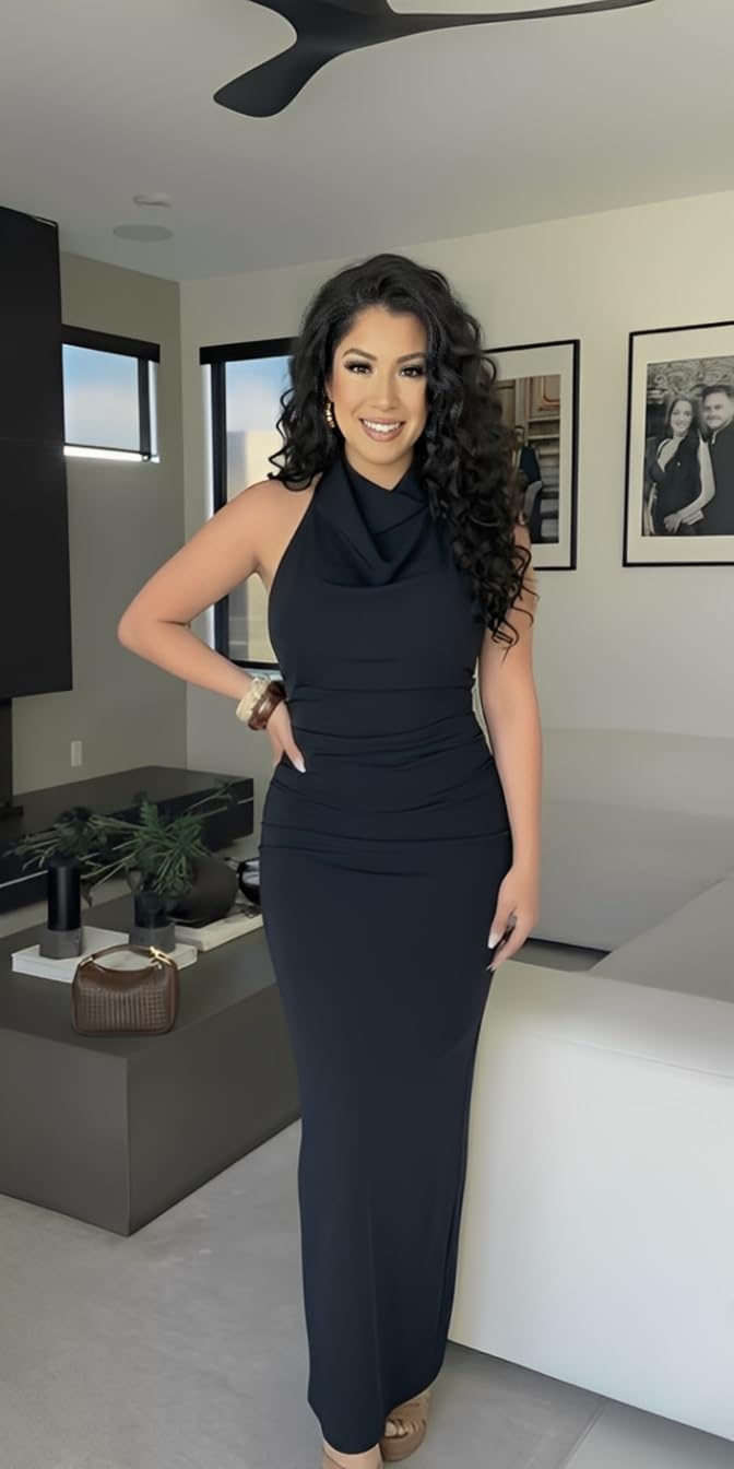 ENOPINK Sexy Halter Backless Maxi Cocktail Dress for Women Elegant Cowl Neck Slit Formal Wedding Guest Dresses Eveing Gowns - Image 4