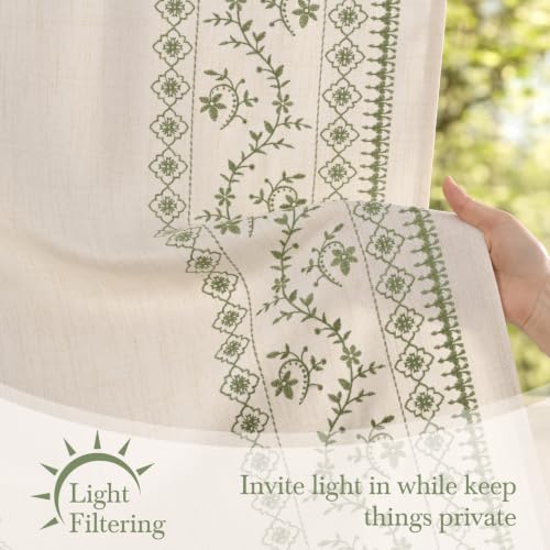 Image of Yinhua Boho Kitchen Curtains 36 Inch Length Sage Green Embroidered Floral Cafe Curtains, Farmhouse Light Filtering Kitchen Window Curtain Rod Pocket Short Tier Curtains for Windows, 26 inch W x 36 inch L