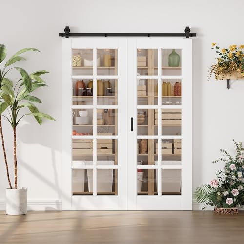 Image of 56 inchx80 inch White 10-Lites Clear Glass Bifold Barn Door Slab with 64 inch Track Kit