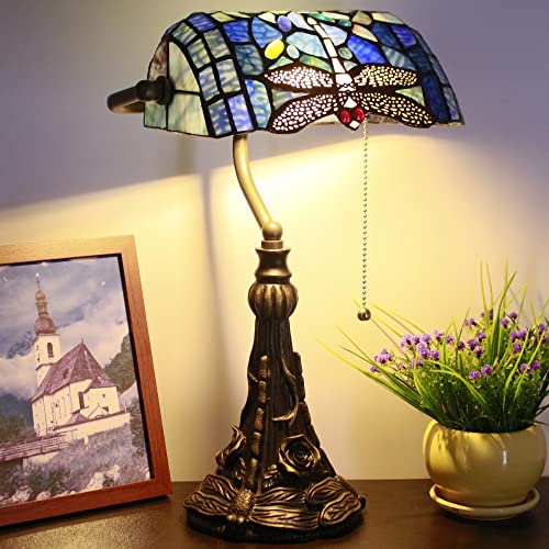 Rhlamps Banker Lamp Tiffany Desk Lamp Navy Blue Dragonfly Stained Glass Piano Lamp, 15" Tall Memory Adjustable Library Table Lamp, Farmhouse Luxury Rustic Bedside Night Light For Living Room Bedroom #TOP3
