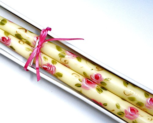 Dripless Smokeless Decorative Hand Painted Pink Rose Ivory Taper Candle Set Romantic Shabby Chic Decor Goddess Arts Collection #TOP5