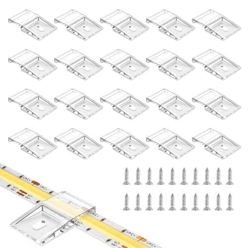 20 Clips de Fixation Transparents pour Bandes Lumineuses Auto-Adhésifs avec Vis Support Fixation Bande Lumière Clips pour bandes Lumineuses à LED de 10 mm de Large, IP30/65