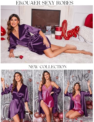 Image of Ekouaer Women's Satin Robe Valentines Lingerie for Women Kimono Bathrobe Short Ruffle Belted Robes Bridesmaids Sleepwear