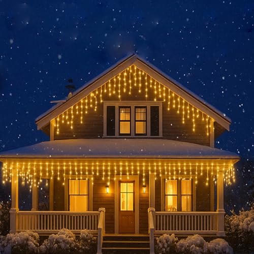 Image of MIRADH Icicle Diwali Lights Outdoor, 10ft 96 LED with 16 Drops Icicle Lights, Plug in Lights with 8 Modes Waterproof for Decoartion Light for Diwali, Christmas, Birthday, Ganesh Puja (Warm White)