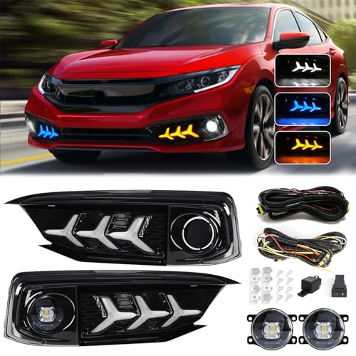 AFOGGEST Daytime Running Light For Honda Civic 2019 2020 Fog Lights Tri-Colors DRL With LED Lamp Bulb Front Fog Light+Wire Harness