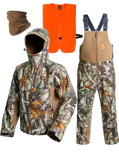 Hunt Quiet Hunting Clothes for Men with Face Mask, Silent Water Resistant Hunting Jacket and Bibs,Blaze Orange Vest &Face Mask (Next Camo G2, XL)