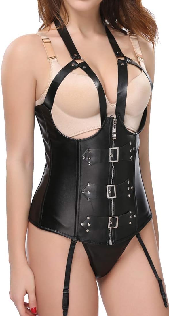 ADELCE Women's Steampunk Faux Leather Bustier Halter Shoulder Straps Underbust Corset Top: X-Large Black-05