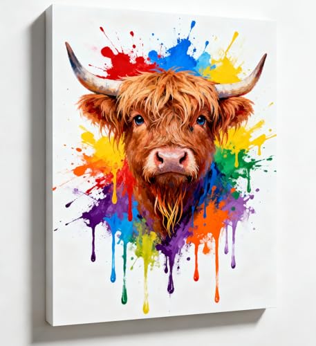 PIGPIGFLY Tableau Vache Highland Style Doodle - Toile Photo 30x40cm avec Cadre, Déco Murale Animale Moderne pour Chambre d‘Enfant, Bureau ou Salon