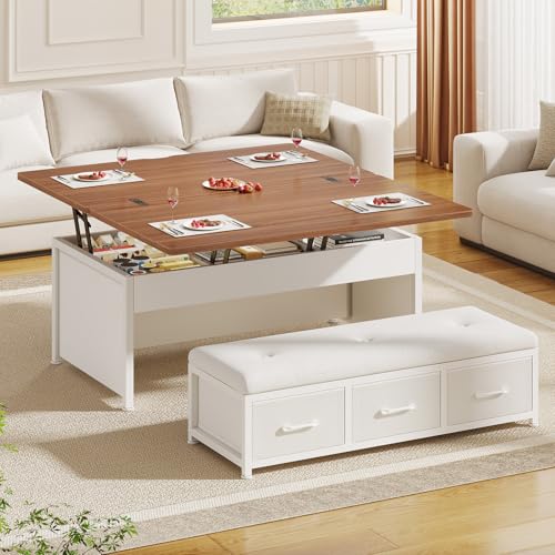 Itaar Lift Top Coffee Table Set, 43'' Multi-Function Coffee Table with Storage Drawers and Hidden Compartment, Center Table with Ottoman Bench for Living Room, White