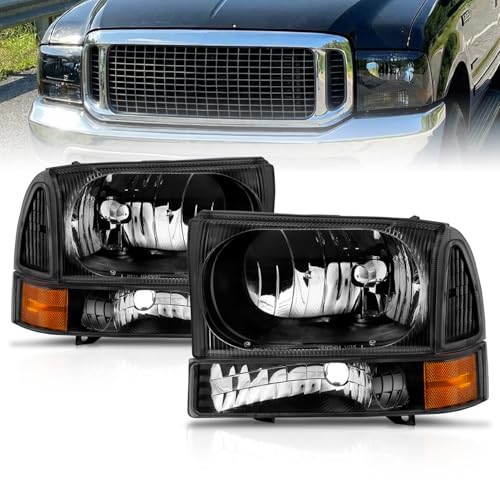 AmeriLite for 1999-2004 Ford Super Duty F250 F350 F450 F550 | Excursion Black Factory Style Replacement Headlights w/Corner Bumper Corner Set - Passenger and Driver Side
