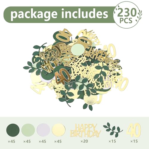 Image of Sage Green 40th Happy Birthday Confetti, 40th Birthday Table Decorations Scatter Green Gold Foil Cake Confetti Decorations for 40 Bday Woman Man Party Decor 230 Pcs