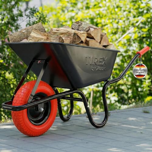 TIREX by xonic® Schubkarre mit Stahlfelge – Verzinkte Wanne bis 250kg/ 100l - Robuste Ausführung für Garten und BAU – Schieb-Karre mit PU Vollgummi-Rad (Rot- Schwarz)