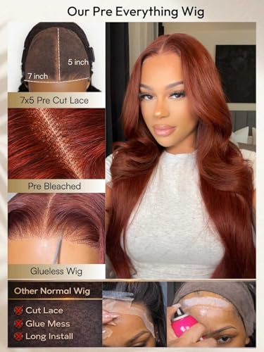 Image of Beauty Forever Reddish Brown Lace Front Wig Human Hair 7x5 Body Wave Bye Bye Slip Glueless Wigs with Elastic Drawstring,Pre Plucked,Bleached Knots,Natural Hairline,150% Density 14inch