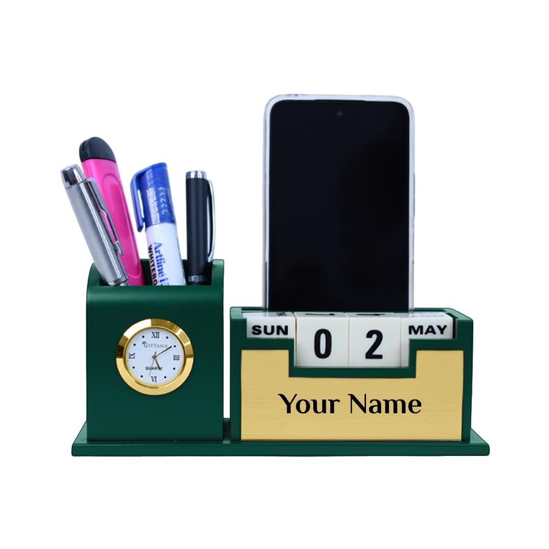 Giftana Personalized Pen Stand with Name,Table Watch,Table Calendar, Customized Desk Organizer for Doctors, Wooden Office Desk & Study New Year Corporate Gift for Employee (Green,Gold)