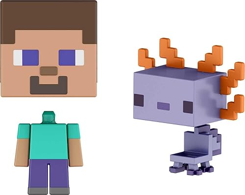 Miniatura 3 de Minecraft Mob Head Minis Axolotl - Paquete de aventuras con 2 figuras de acción y accesorios, incluye personajes de videojuegos Steve y Axolotl,