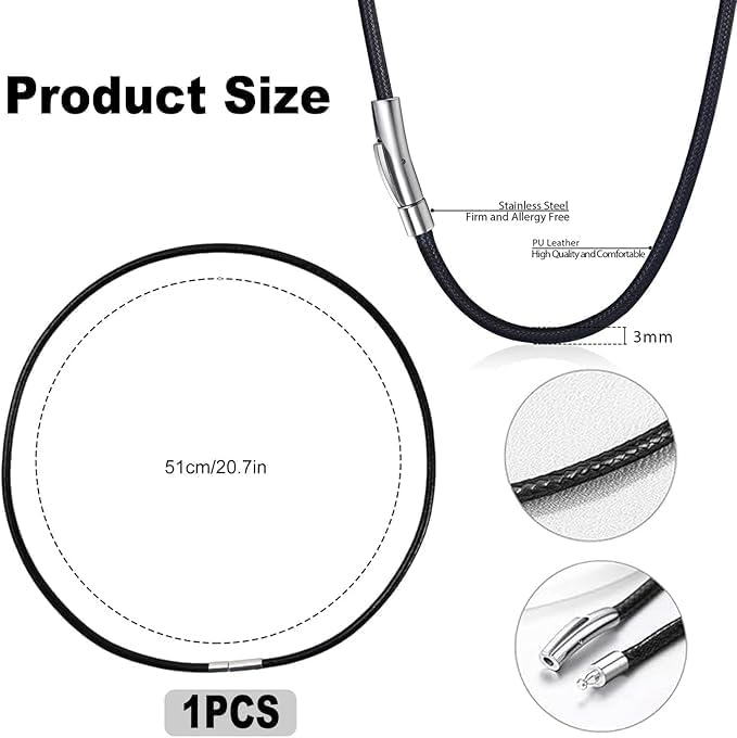 CYXZMYA Lederband Halskette 3mm, 51cm, Schwarz, Unisex, Kautschuk mit Edelstahl Verschluss, Geflochten, für Männer, Frauen, Jungen, Mädchen
