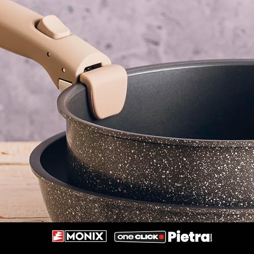 Pack 3 Sartenes + Mango extraíble Monix One Click Pietra M831303/ Ø20cm/ Ø24cm/ Ø26cm/ Aluminio forjado/ Apta para Inducción
