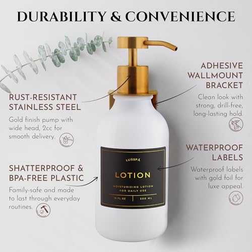 Shower Shampoo Dispenser Wall Mounted – Refillable 16.9 oz White Bottle with Stainless Steel Pump & No-Drill Adhesive Holder – Soap Dispenser for Bathroom (1 X White/Gold) - image 5