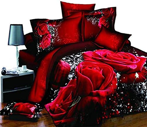 DACHENGXIAORUI 4Pcs/Set Red Rose Pattern 3D Printed Bedding Set Bedclothes Home Textiles King Size Quilt Cover Bed Sheet 2 Pillowcases(Size:200 x 230 cm)