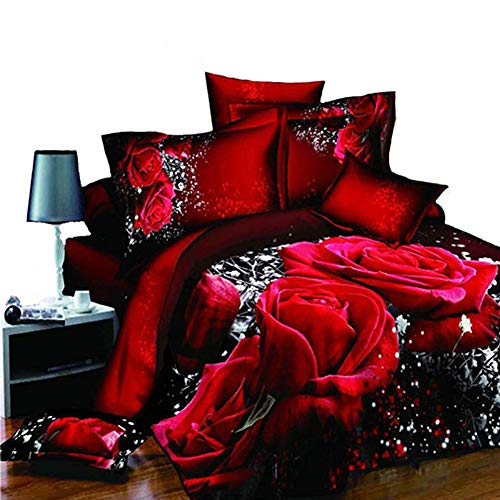 DACHENGXIAORUI 4Pcs/Set Red Rose Pattern 3D Printed Bedding Set Bedclothes Home Textiles King